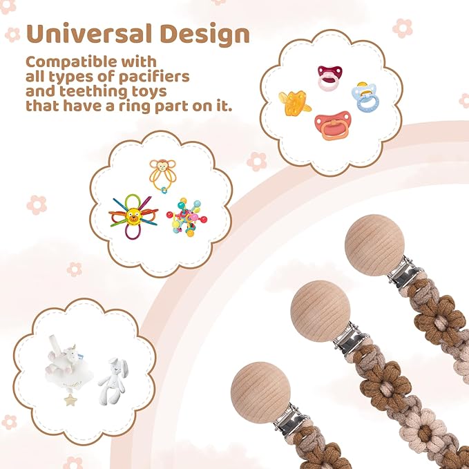 Pacifier Clip for Boys Girls Floral Daisy Macrame Baby Paci Clip Pacifier Holder Leash Boho Wooden Clips Handmade Braided Cotton Binky Clips (1pack:Maillard Style)