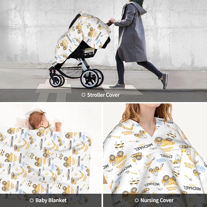 Personalized Baby Car Seat Canopy for Babies, Custom Name Baby Car Seats Covers for Boys, Opening Minky Nursing Breastfeeding Cover for Infant, Carseat Canopies for Newborn (Construction)