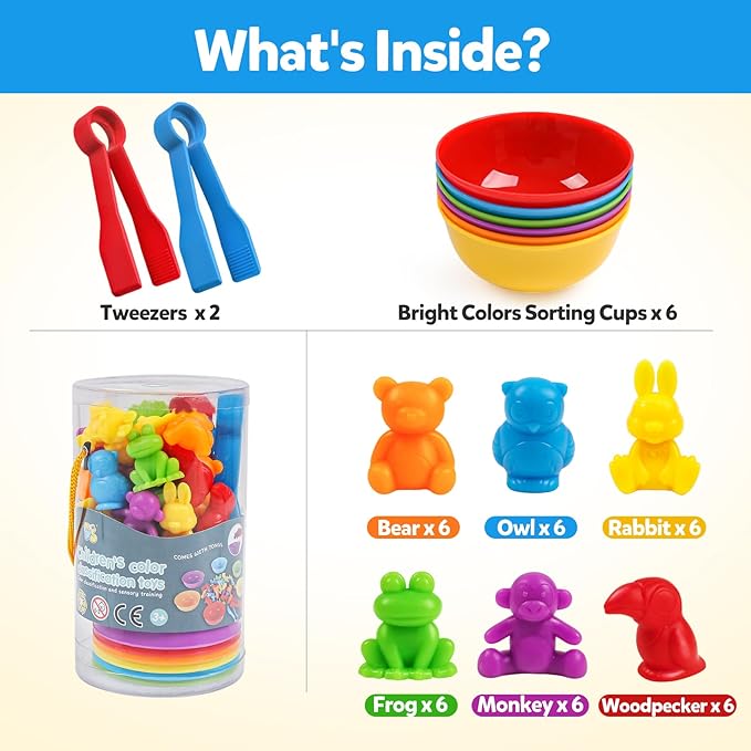 GKDOMS Counting Animals Toys Matching Game with Sorting Bowls Preschool Learning Activities Montessori Sensory Toys for Math Color Sorting, Party Favors Birthday Exchange Gifts for Kids