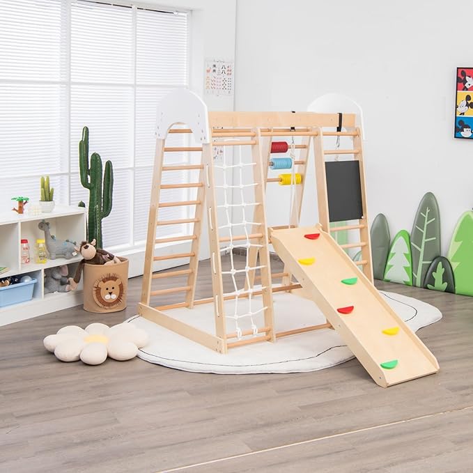 Costzon Indoor Playground, 8-in-1 Montessori Jungle Gym Beech Wood Climbing Toys for Toddlers w/Double-Sided Slide, Climbing Rock/Net, Indoor Playground Climber Playset for Kids 3+ Years (Natural)