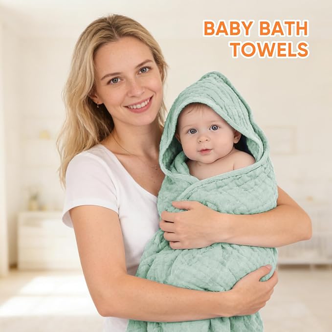 MIGIOL Muslin Hooded Baby Towels 100% Cotton ,Super Soft Muslin Baby Bath Towel - 32 x 32 Inches, Suitable for Newborn and Young Children up to 3 Years Old. (Beige & Green)