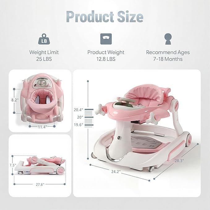 7 in 1 Foldable Baby Walker, Infant Activity Walker w/Adjustable Height, Detachable Play Tray with Music & Light, Baby Push Walker with Wheels for Boys Girls 7-18 Months, Speed Control, Pink
