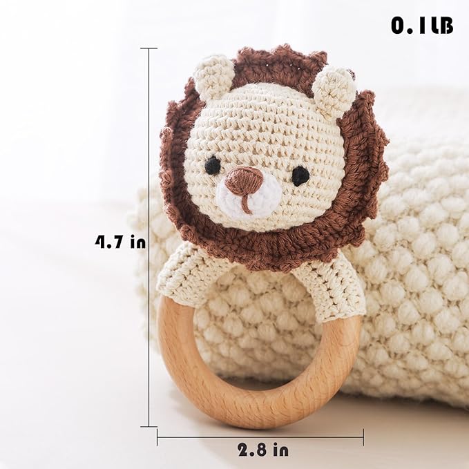 Wooden Baby Rattle, Crochet Lion Rattle, Newborn Wooden Animal Rattle Toy, Infant Rattle Toys