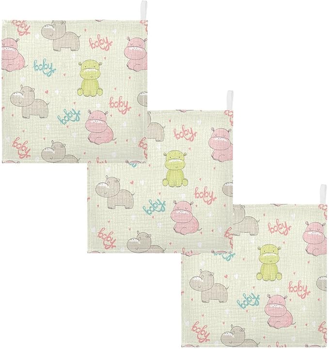 vvfelixl Baby Washcloths Cotton Cute Hippo Baby Muslin Washcloths Soft Baby Face Towel for Newborn Infants Baby Wipes, 11.8 X 11.8 Inch, 3 Pack Beige