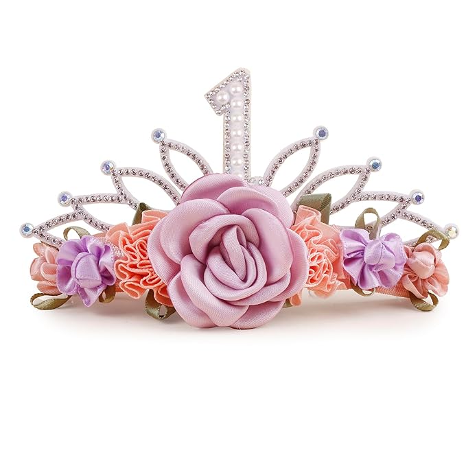cherrboll Flower Headband Birthday Crown for Girl, Floral Nylon Hairband for 1-3 Years Old Toddler, First 1st Birthday Party Dress Photo Decoration Hair Accessory