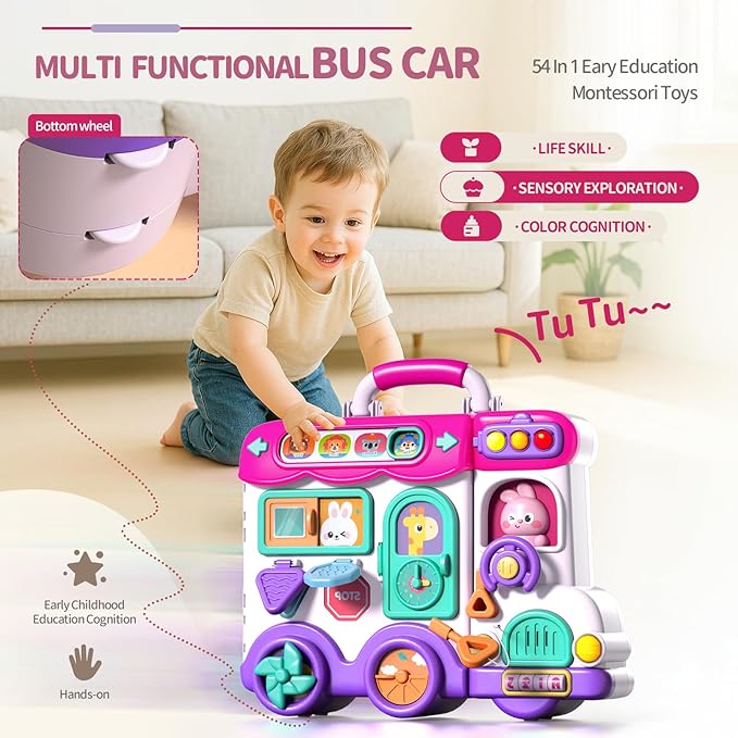 54-in-1 English & Spanish Musical Busy Board Montessori Toys, Early Educational Montessori Toy for 1 2 Year Old Girl, Bilingual Learning Toy Gifts for 1+ Year Old Girl