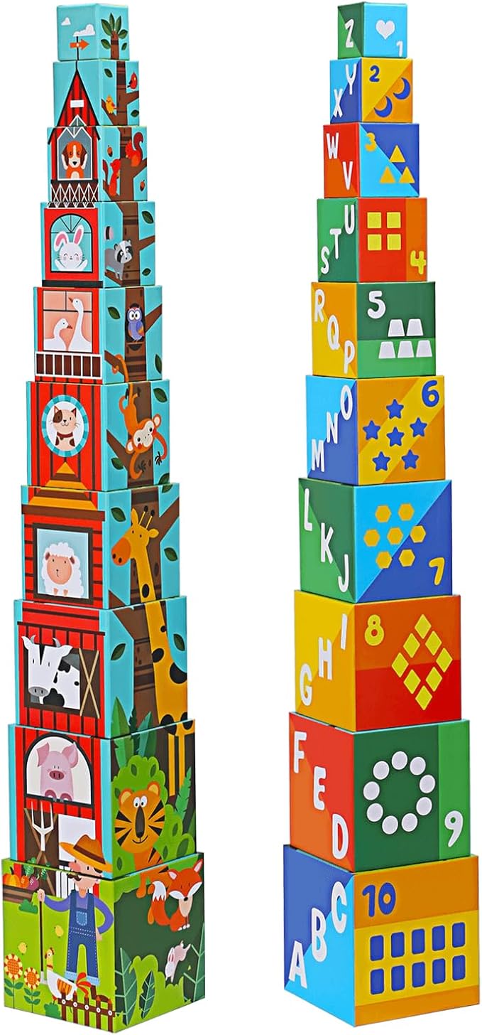 10 Pcs Nesting and Stacking Blocks for Toddlers 1-3 - Cardboard Stacking Cubes with ABC & Numbers - Montessori Educational Learning Toy - Sturdy Toddler Tower Building Set for Kids