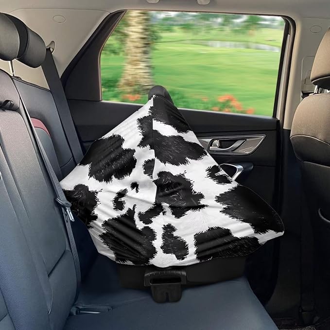 Black Cow Print Infant Carseat Cover Stylish Multi-Purpose Nursing Cover Breastfeeding Scarf Baby Shower Gifts