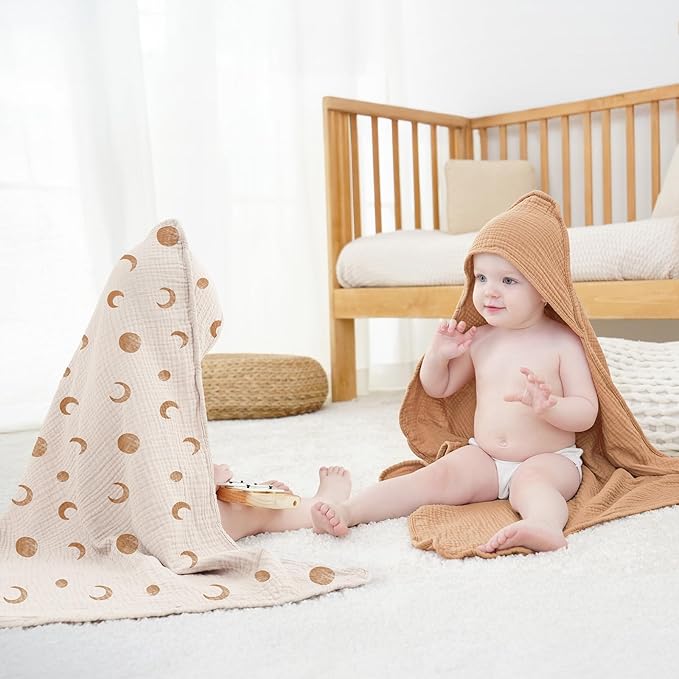 Susurration 2 Pack Thick Muslin Baby Towels, 100% Cotton Soft and Absorbent Baby Bath Hooded Towel for Newborn, Infant, Girls, Boys, Baby Essentials