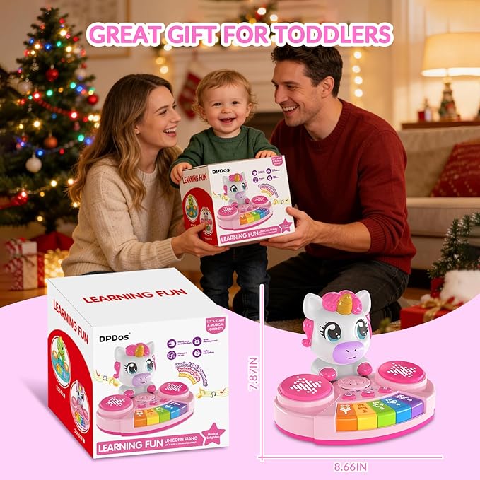 Unicorn Baby Piano Toy with Animal Sounds, Light Up Musical Keyboard, Educational Toddler Learning Toys for 1 Year Old Girl, Birthday Gifts 6+ Months