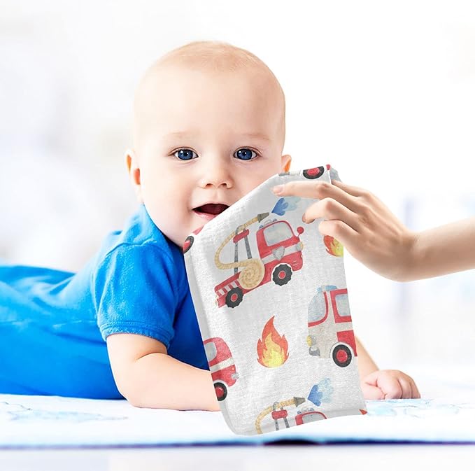 vvfelixl Fire Department Funny Cars Baby Burp Cloths, Baby Muslin Washcloths for Boys Girls, Cotton Baby Face Towel for Newborn Infants Soft and Absorbent 11.8 X 11.8 in, 5 Pack