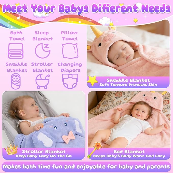 Flasoo 8 Pcs Toddler Bath Towel Set, 2 Pcs Toddler Towels with Hood, Large 55" x 27.5" Toddler Towels & 6 Pcs Baby Washcloths for Boy Girl, Soft Absorbent Gift for Baby, Infant, Newborn Essential