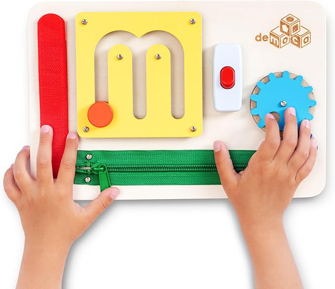 deMoca Sensory Busy Board for 1 Year Old, Travel Wooden Montessori Busy Board for Toddlers 1–3, Switch and Fidget Activity Board for Early Motor Skills and Travel Play