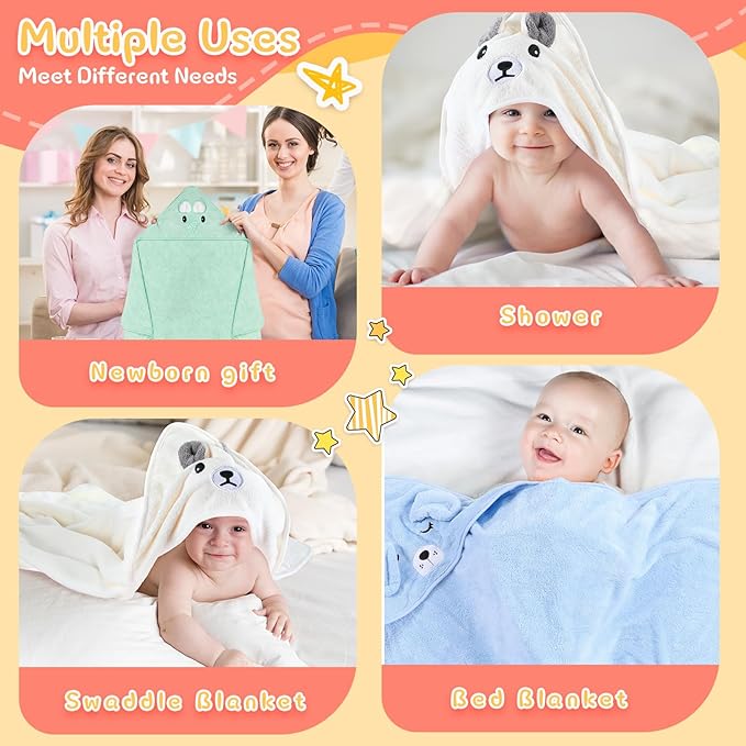Preboun 4 Pcs Baby Bath Towel Coral Fleece Baby Hooded Towel Absorbent Soft Towels for Newborn Cartoon Animal Hooded Bath Blanket for Kids Toddler Infant Shower (Cute Style)