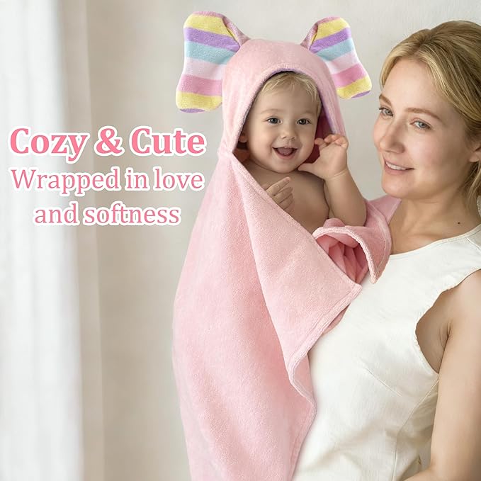 VOOVA & MOVAS Cute Elephant Ears Hooded Towel for Baby – 100% Cotton, 420GSM, Thick & Super Absorbent – 33" x 31.5", Pink – for 0–18 Months – Large Towel for Newborn, Toddler, Infant, Essential