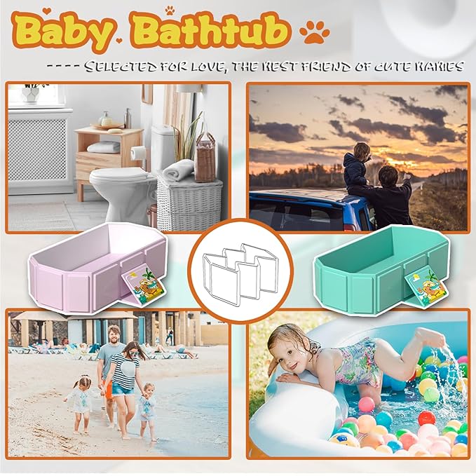 Baby Foldable Children's Bathtub, Portable Non-Slip Shower Tray for Kids, Toddler Bath Tub with Drain Plug, Boys and Girls Bathroom Water Pool, Cat and Dog Pet Wash Shower Basin (Pink)