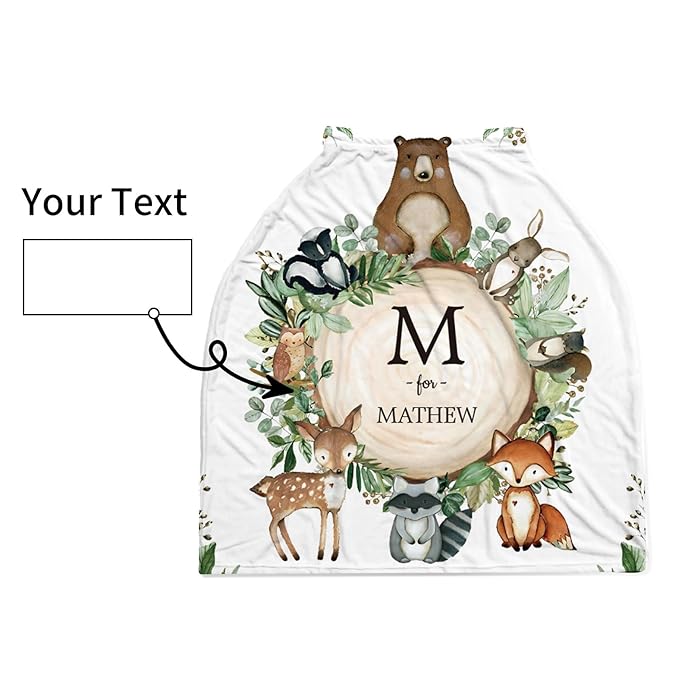 Personalized Baby Car Seat Cover Stroller Canopy: Custom Name Newborn Baby Boy Girl Elastic Woodland Animals Nursing Cover for Moms First Birthday Gift Bear(one Size)