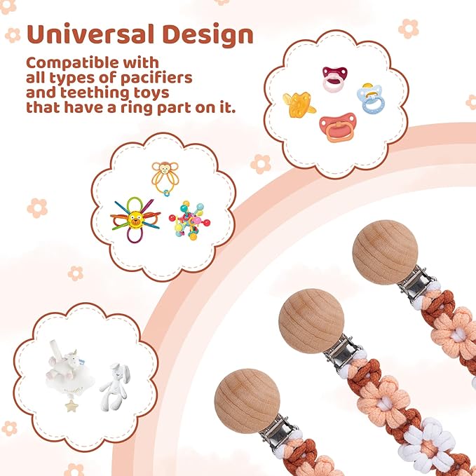 Pacifier Clip for Boys Girls Floral Daisy Macrame Baby Paci Clip Pacifier Holder Leash Boho Wooden Clips Handmade Braided Cotton Binky Clips (2pack:Caramel Style × 2)