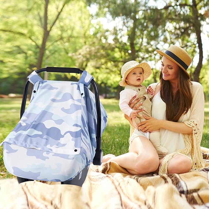 SMTTW Car Seat Cover for Babies, Stretchy Breathable Carseat Canopy with Peek Window, Multiuse Infant Stroller Cover for Baby Boys Girls, Privacy Sun Shade & Wind Protect for Summer (Camouflage)