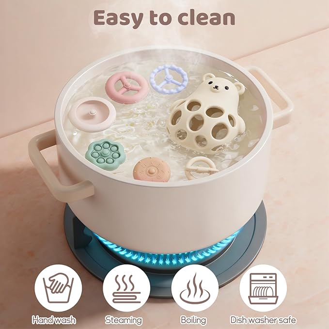 Baby Bear Teething & Stacking Toy Set - Teething Toys Silicone Teethers, Soft Baby Stacker Rings Teether, Learning Toy Gift for Boys and Girls 6+ Months (Beige)