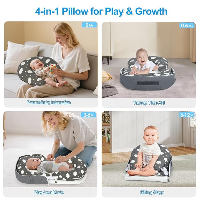 Portable Baby Lounger & Tummy Time with Zip-Up Carry Bag, Infant Support Cushion for Newborns to Toddlers (Cloud)