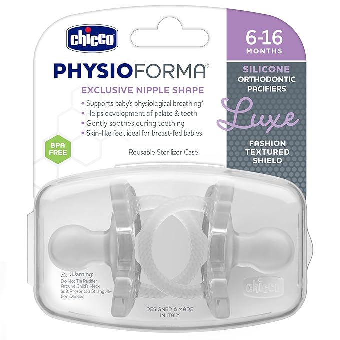 Chicco PhysioForma Luxe Orthodontic Pacifier for Babies 6-16 Months, One-Piece 100% Soft Silicone, Supports Breathing, Textured Shield & Handle, Sterilizing Case, BPA Free, 2-Pack, Crystal