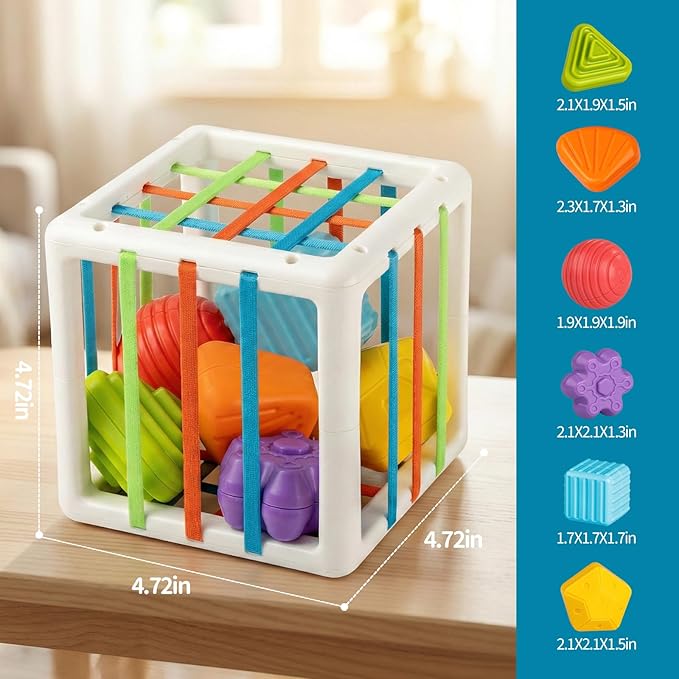 Aprilwolf Montessori Toys for 1 Year Old, Cube & 6 Sensory Shape Blocks, Baby Toys 12-18 Months, Developmental Infant Birthday Gifts for Learning Toddler Age 1 2 3