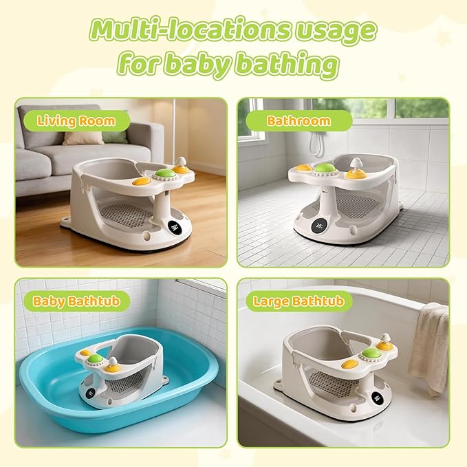 Baby Bath Seat for 8-18 Months, Non-Slip Toddler Bath Chair with Suction Cups & Temperature Display, Ergonomic Infant Bath Seat with Toy Tray, BPA-Free Baby Bath Tub Seat for Sitting Up