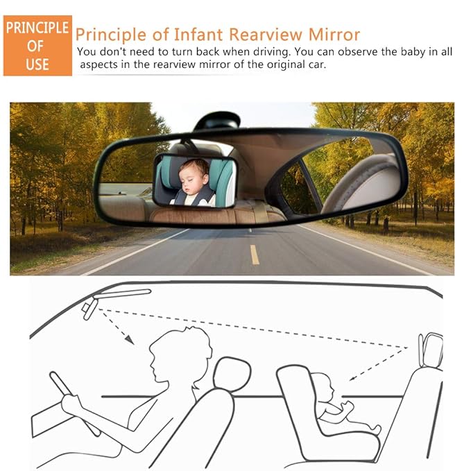 Baby Mirror for Car - Safety Car Seat Mirror for Rear Facing Infant with Wide Crystal Clear View - Adjustable Acrylic 360°for Backseat - Safe, Secure and Shatterproof (Black)