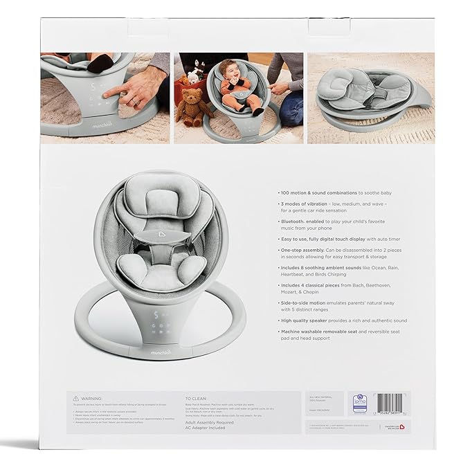 Munchkin Electric Baby Swing with Vibration - Portable Swing for Newborn and Infant, Bluetooth-Enabled Smart Seat with Music, Motion, and Sounds, Light Grey