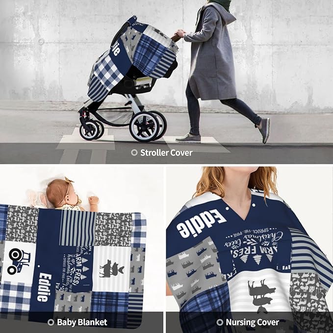Personalized Farm Animals Baby Car Seat Canopy for Babies with Name, Custom Cow Baby Car Seat Covers for Boys, Opening Minky Nursing Breastfeeding Cover Infant Carseat Canopies for Newborn