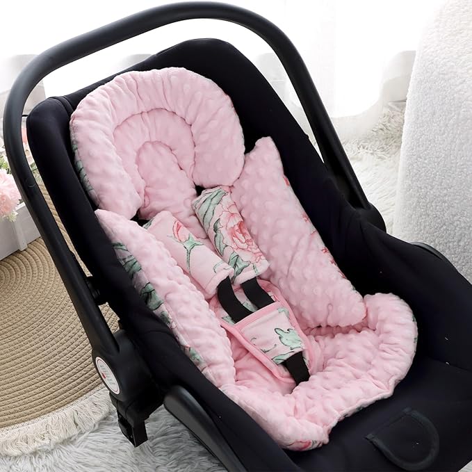 DILIMI Infant Car Seat Insert, Baby Car Seat Head Support with 3 Strap Paddings, Soft Newborn Car Seat Cushion for Stroller, Swing, Bouncers, Pink Flower