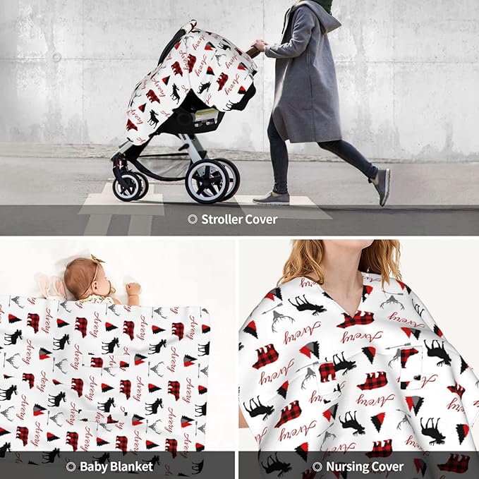Personalized Plaid Design Adventure Bear and Deer Baby Car Seat Canopy for Babies with Name, Custom Multi-use Blankets for Baby Boys Girls, Peekaboo Minky Nursing Stroller Cover Canopies for Newborn