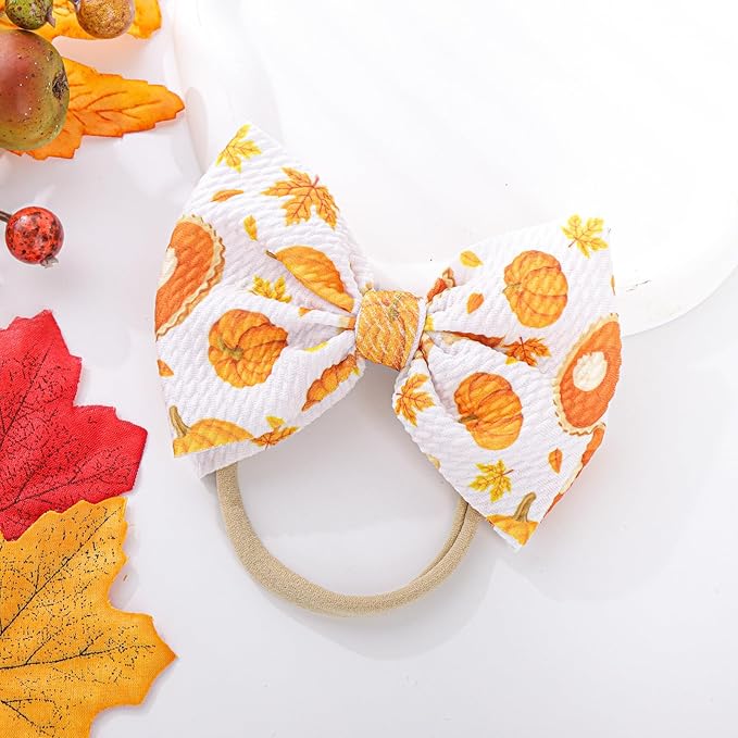 YanJie Hairband, Nylon Thanksgiving Baby Girls Headbands with 4.5in Bow, Handmade Stretch Pumpkin Hairbands Hair Bows Fall Gift for Girls Infants Toddlers Child