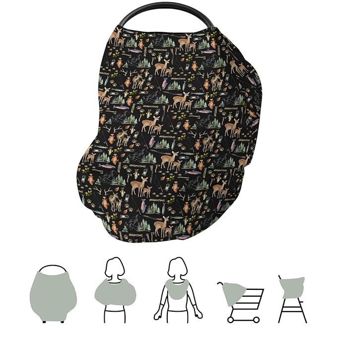 Fishing Hunting Life Baby Car Seat Covers Deer Bass Fish Forest Animal Stretchy 5-in-1 Cover Outdoor Adventure Adjustable Car Canopy Cover Nature Lover Gift Breathable Nursing Cover-Up