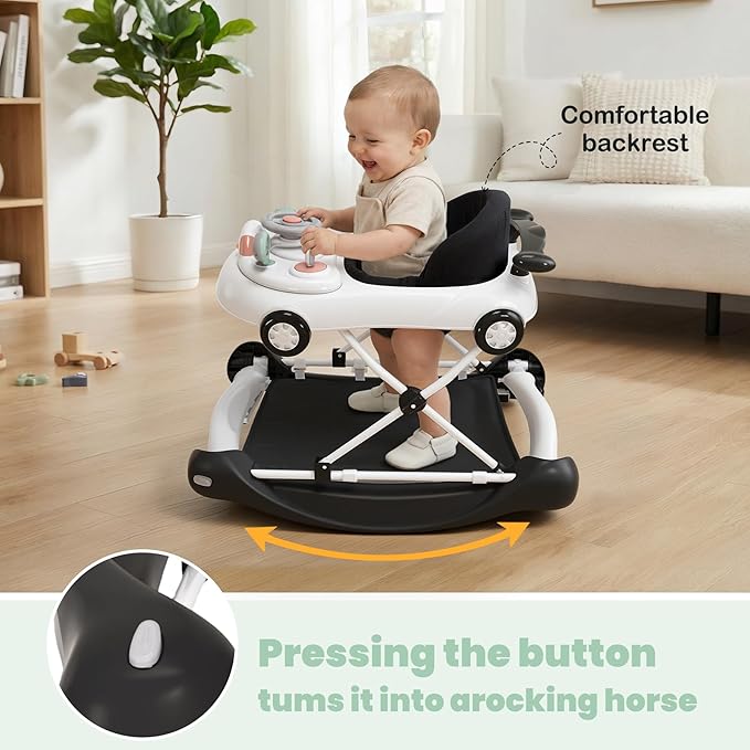 5-in-1 Convertible Baby Walker with Steering Wheel Music Activity Center – Infant Rocker, Jumper, Push Walker, Bouncer & Feeding Foldable Walker for Ages 6-18 Months Boys Girls (Black)