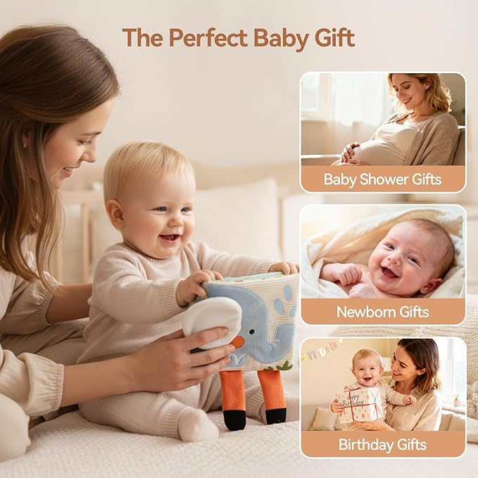 Montessori Soft Baby Book - Sensory Book for Babies 0-12 Months with Crinkle Paper, Touch & Feel Textures, Baby Safe Mirror & Teether. Educational Infant Toys for Tummy Time, Newborn