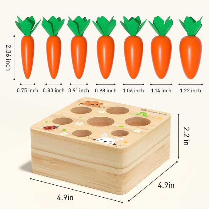 Montessori Toys for 1 Year Old – Wooden Carrot Shape Sorting Puzzle, Sensory Learning Toy for Toddlers, Size Matching & Fine Motor Skills Development, Educational Gift for Boys & Girls
