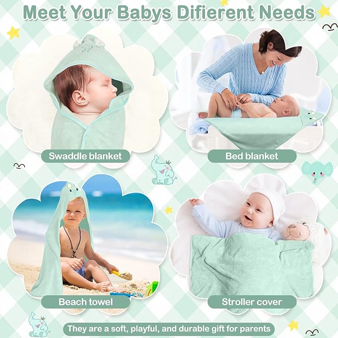 Sublaga 4 PCS Baby Towel Set, Hooded Bath Towel for Infants, Toddlers and Kids, Soft Animal Baby Bath Towels & 3 PCS Washcloths, 32x32 in Hooded Baby Bath Towel for Boy and Girl (Green Elephant)