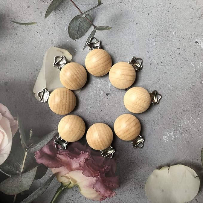 24 Pieces Natural Beech Wood Pacifier Clips Teething Grasping Toy Suspender Clips Charm DIY Pacifier Clips Holder Accessories