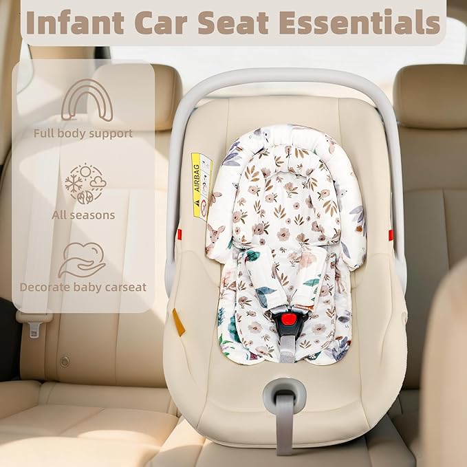 2-in-1 Infant Car Seat Insert, Upgraded Newborn Carseat Insert, Breathable & Soft Baby Car Seat Head Support with 2 Strap Covers for Girls, Perfect for Carseat, Stroller, Swing, White Animals