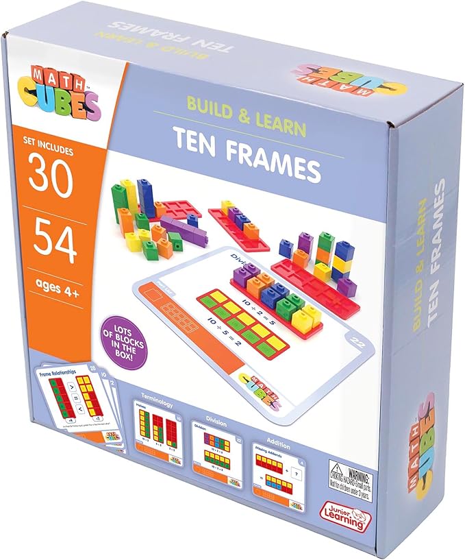 Junior Learning: Mathcubes - Ten Frames - 30 Activity Set, Build & Learn, Blocks & Boards Hands On Math, Developmental & Education Set, Kids Ages 4+