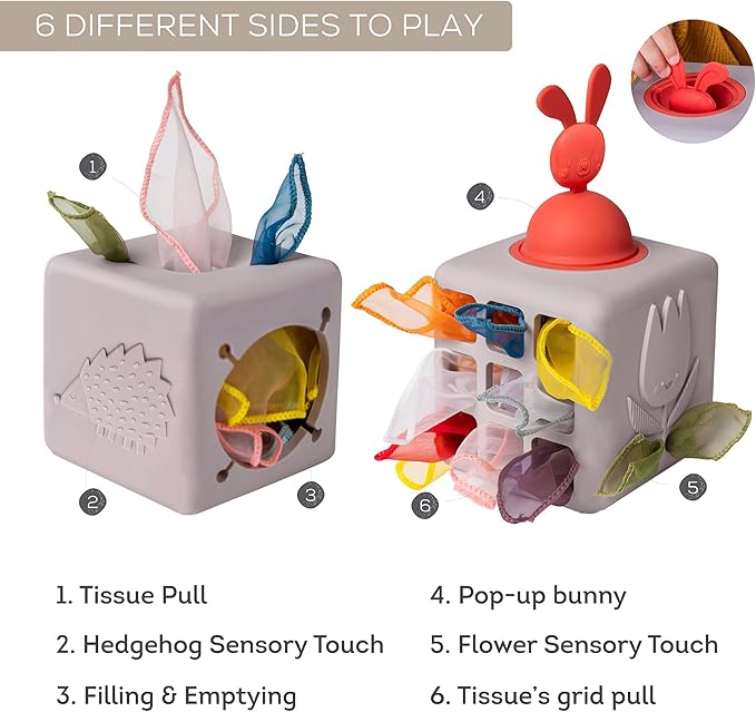Taf Toys Baby Tissue Box Toy Silicone Baby Toys 6-12 Months Montessori Toys Sensory Activity & 10 Tissues for Fine Motor Development Soft Interactive Silicone Learning Cube for 1 Year Old Toddlers