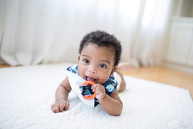 Dr. Brown's Super Soft & Absorbent Baby Bandana Bib with Snap-On Teether, 3m+, 2-Pack, Navy Whales & Anchors