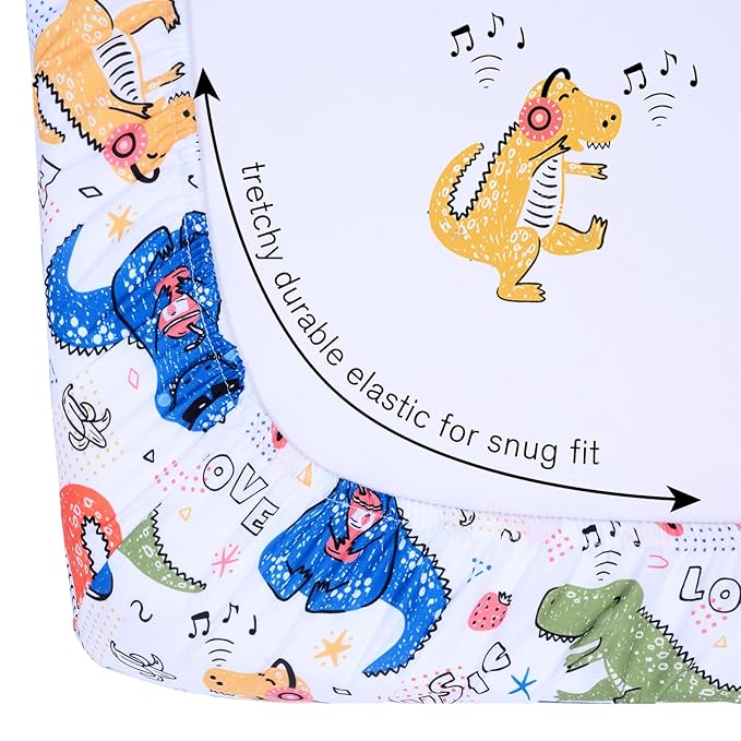 Cloele Square Playard/Playpen Stretch Fitted Sheets Perfect for 36 X 36 Portable Playard Mattresses - Square Pack and Play Crib Sheets - Ultra Soft Music Dinosaur Fitted Playpen Sheet for Baby