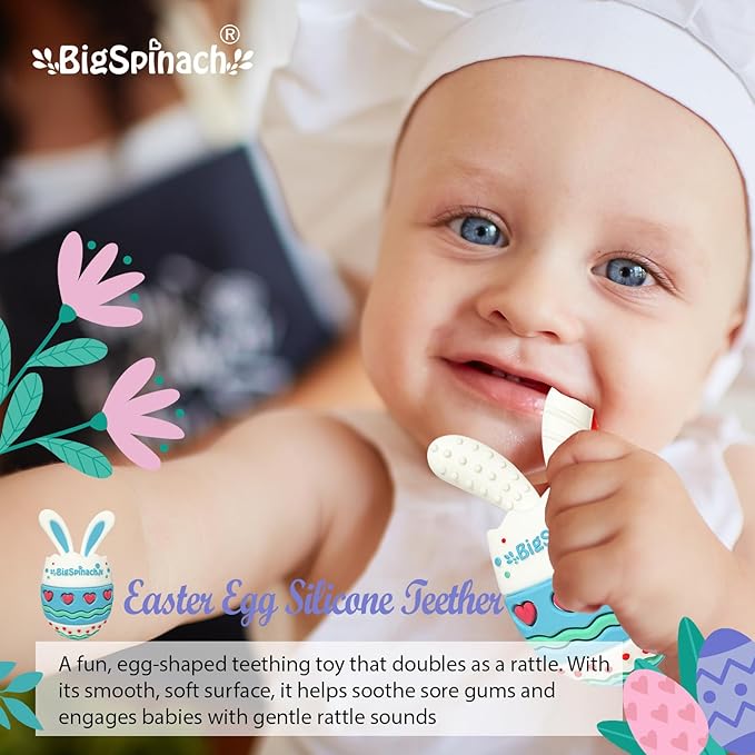 BIGSPINACH Easter Egg Baby Teether,Baby Teething Toy for Pain Relief,Silicone Bunny Rabbit Teether,Easter Gift for Babies,Sensory Toy for Boys & Girl (Baby Blue)