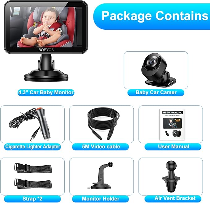 Baby Car Mirror - Baby Car Camera 4.3 inch HD 1080P - Rear Facing Car Baby Monitor with Night Vision - Adjustable View Angle, Easy Setup, Safety for Infants - Black