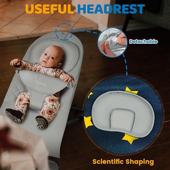 Orzbow Portable Baby Bouncer, Foldable Baby Bouncer Seat with Storage Bag and Removable Play Bar, 3 Recline Positions, 0-12 Months Up to 20lbs, Ergonomic Design, Easy to Wash, Grey