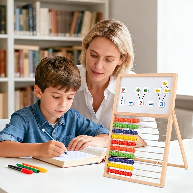 Wooden Abacus for Kids Math - Double-Sided Blackboard Whiteboard Magnetic Abacus with 100 Magnetic Number & Fruit Stickers - Educational Counting Games Kids Gift