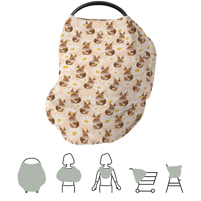 Vintage Bunny Daisy Car Seat Cover for Babies Retro Rabbits Boho Floral Stretchy 5-in-1 Cover Adjustable Infant Carseat Canopy Cover Spring Garden Easter Animal Breathable Nursing Cover-Up